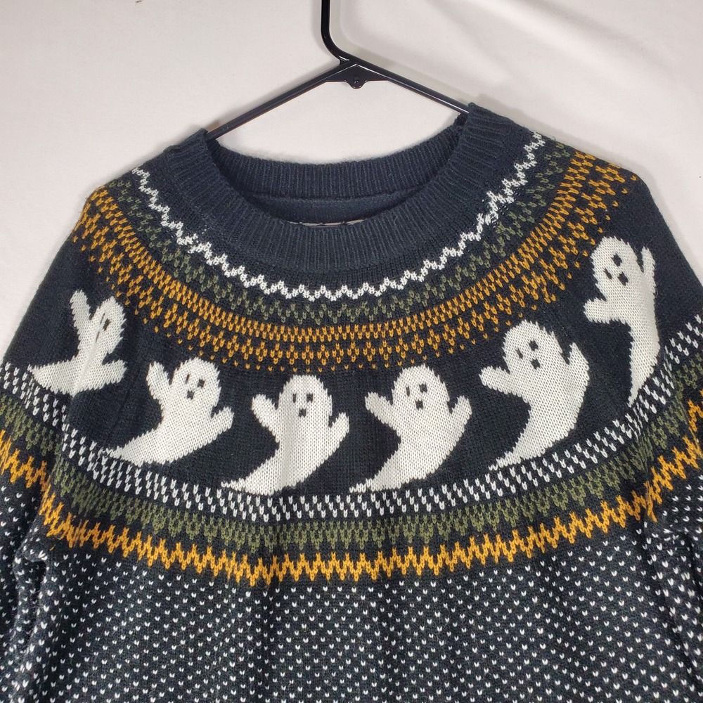 Womens Halloween Ghost Fair Isle Knit Sweater Crew Neck Pullover Black Spooky